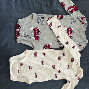 Carter's Cream and Light Gray Fire Truck Print Baby One-Pieces NWOT